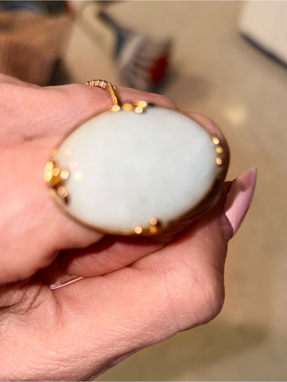 Gold Ring with Large White Oval Stone - Picture 3 of 6
